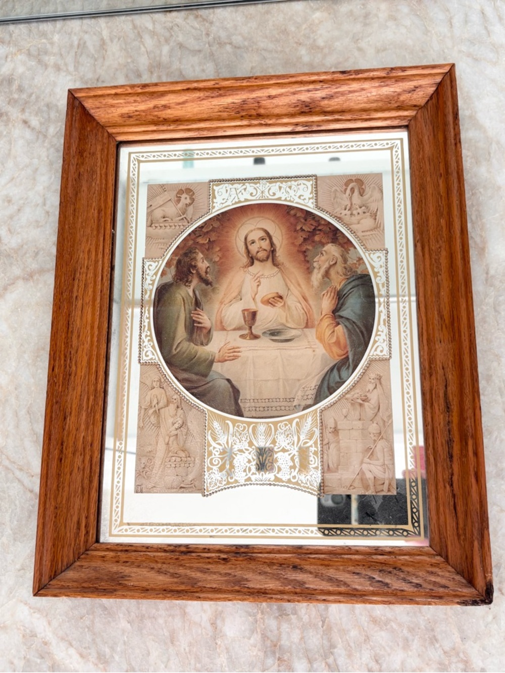 Framed Mirrored Religious Last Supper Print in Warm Wood Frame - Brown and Cream